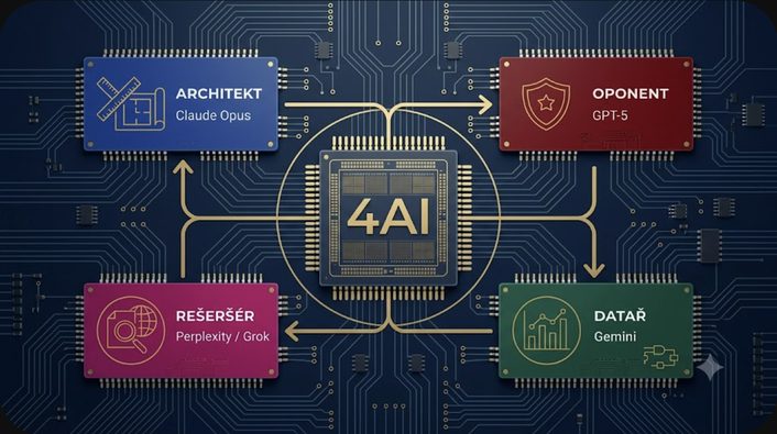 Schéma systému Alfakta: uprostřed jádro 4AI, kolem něj čtyři jednotky — Architekt, Oponent, Datař a Rešeršér